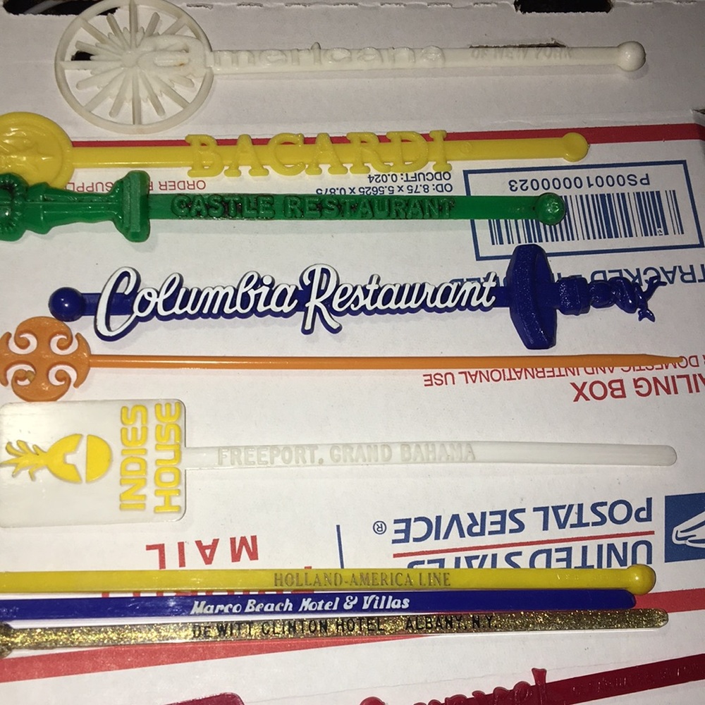10 VTG Advertising Swizzle Sticks Mixing Stirrers 7” length EUC RARE